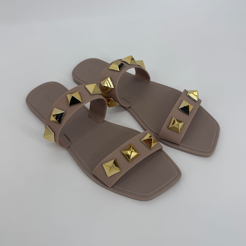 Qupid‎ Studded Slide Sandals Womens Size 10 Mauve Excellent Gold Pyramid Jelly